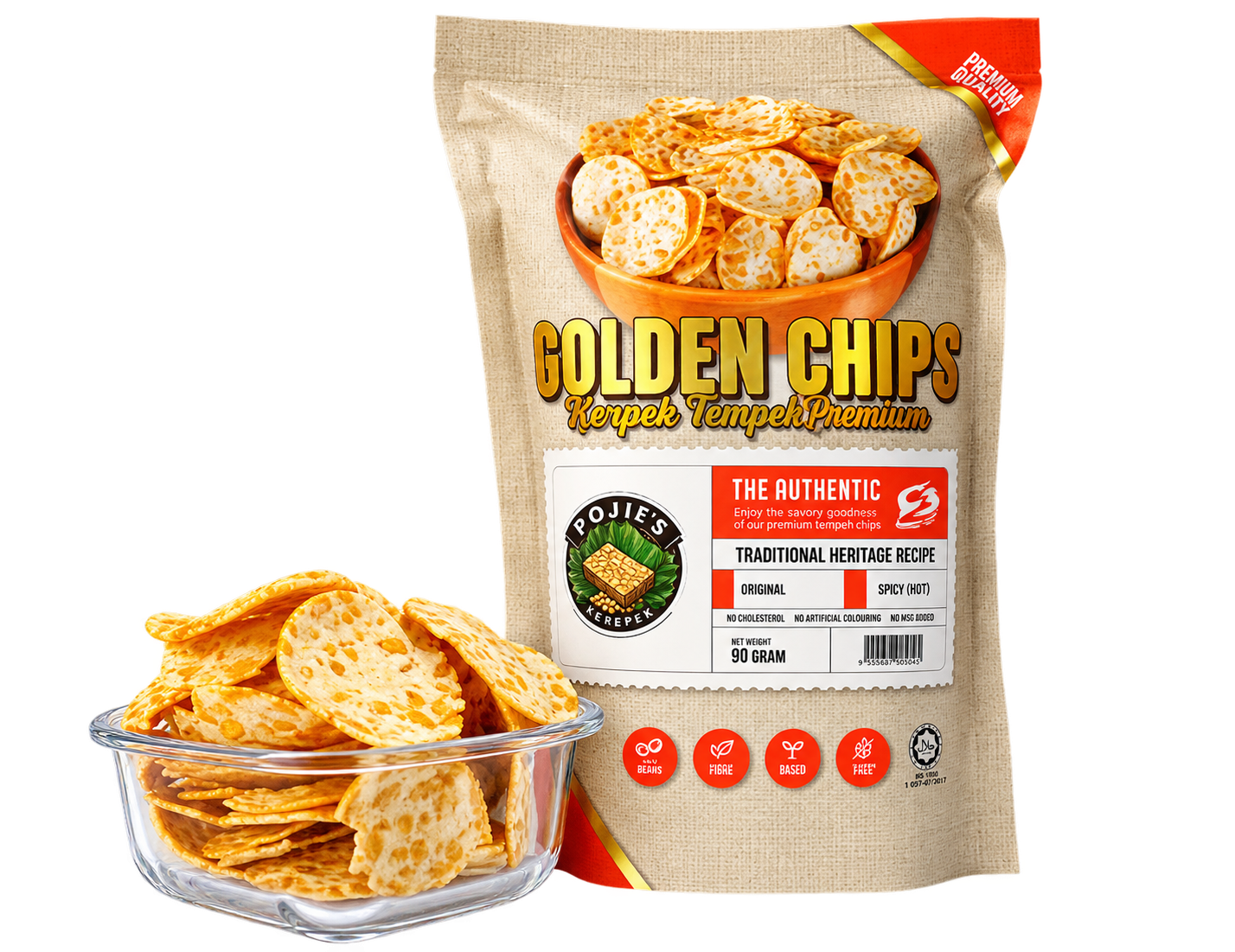 Pek Poji's Golden Chips bersama semangkuk kerepek tempe
